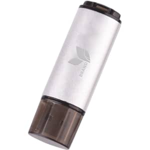 A silver Saturn Flash Drive with a dark brown cap, featuring a logo on its surface.