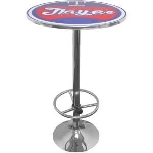 A round blue and red bar table with a chrome base and circular footrest, featuring a logo on the top.