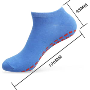 A pair of low cut gripper socks in blue, featuring red dotted grip patterns on the soles.