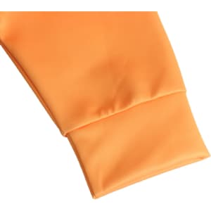 An orange sweatshirt sleeve featuring a smooth polyester spandex fabric with a folded cuff.