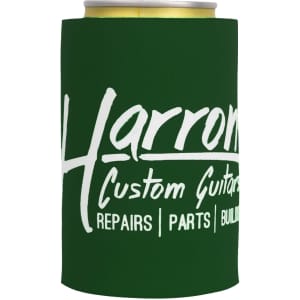 A drink bottle holder in green with a logo, designed for holding cans.