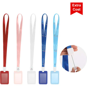 A collection of ABS single side ID card holders in red, pink, white, and two shades of blue, each with a lanyard.