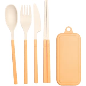 A travel utensils set featuring an orange spoon, fork, knife, chopsticks, and a matching case.