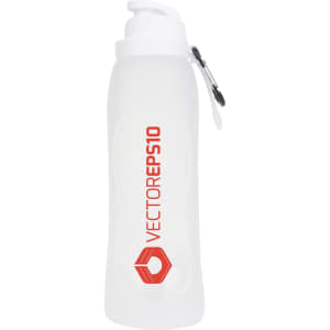 A drink bottle in clear silicone with a red logo and a flip-top cap, designed for collapsibility.