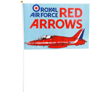 A rectangular cheering flag stick featuring a red and blue design with an illustration of a jet aircraft.