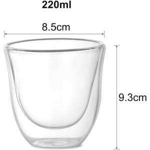 A double wall glass cup in clear colour, featuring dimensions of 220ml, 8.5cm diameter, and 9.3cm height.