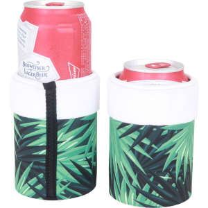 Two Christmas-themed stubby holders featuring a green tropical leaf design, each holding a can.