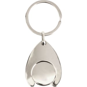 A silver teardrop-shaped trolley coin keyring featuring a round coin element and a keyring attachment.