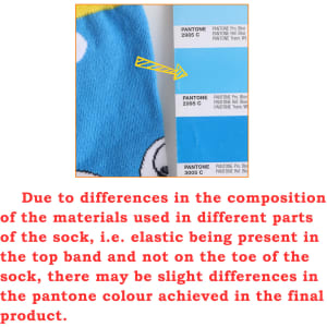 A close-up of blue and white patterned merino wool socks with a logo, showcasing vibrant colours and design details.