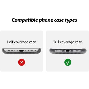 Half and full coverage phone cases are displayed, illustrating compatibility with different case designs.