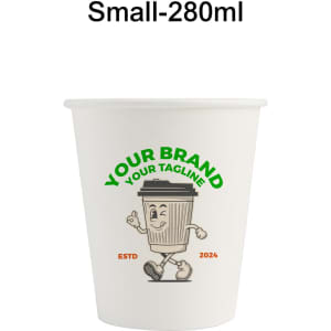 A white single wall paper cup featuring a cartoon character design and a logo, suitable for beverages.