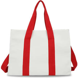 A white canvas grocery shopping bag with red straps and a simple design. It features a logo on one side.