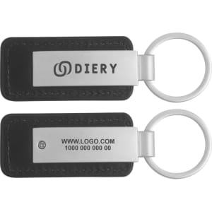 A PU leather keyring in black with a silver metal attachment, featuring a logo and engraving on both sides.