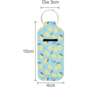 A light blue neoprene lipstick bag with a lemon print, featuring a keyring and a slot for lipstick.