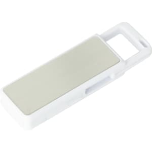 A white flash drive with a metallic silver panel and a loop for easy attachment.