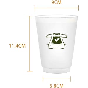 A frosted white plastic stadium cup, measuring 11.4 cm high and 9 cm wide, featuring a logo.