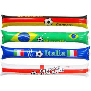 Four inflatable bang bang sticks in red, yellow, blue, and green featuring football designs and various country names.