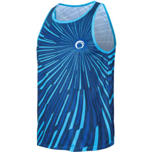 A blue sublimated singlet featuring a dynamic radial pattern and a logo on the front.