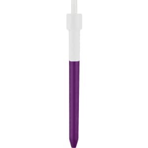 A purple and white click pen with a sleek design and a logo on the barrel.