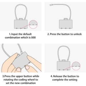 A metal coded lock in a step-by-step guide for setting combinations. Includes illustrations of the lock mechanism.