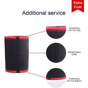 A black stubby holder with red accents, featuring overlocking and stitched seams. It has a logo.