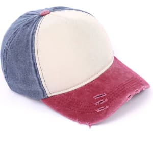 A distressed cotton baseball cap featuring a blue and cream crown with a burgundy brim and frayed detailing.