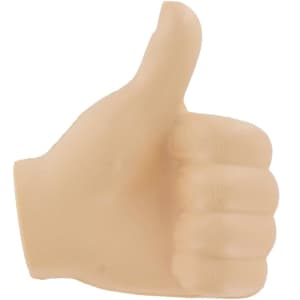 A beige thumb-shaped stress reliever, featuring a raised thumb for a positive gesture. It has a smooth, soft texture.