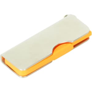A silver and orange alloy flash drive with a swivel design and logo.