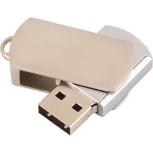 A silver flash drive with a retractable USB connector and a simple design. It features a logo on its surface.