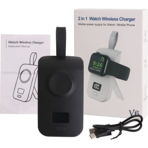 A black portable power bank for Apple Watch and mobile phones, accompanied by an instruction manual and a USB cable.
