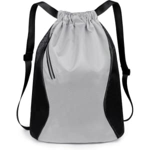 A grey and black sports drawstring backpack with mesh sides and adjustable straps. Features a simple design and a logo.