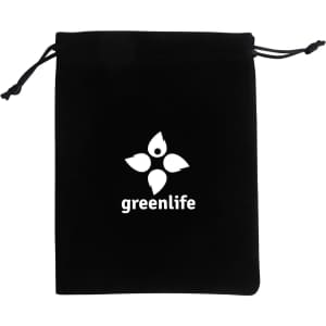A black velvet drawstring bag featuring a logo. The bag has a simple, elegant design with drawstring closures.