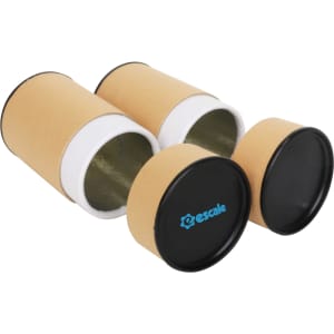 Medium kraft paper cylinders with black lids, featuring a logo, arranged upright.