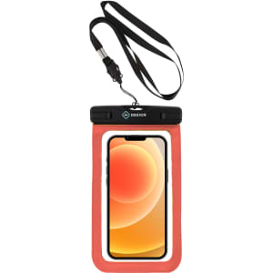 A waterproof phone bag in red with a black strap, featuring a transparent front for phone display.