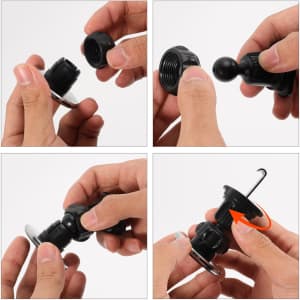 A black round car hook bracket being assembled, featuring a hook and ball joint.
