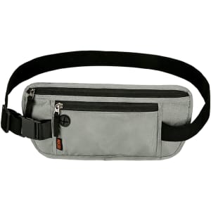 A grey fanny pack with a black strap and zippered compartments, featuring a logo.