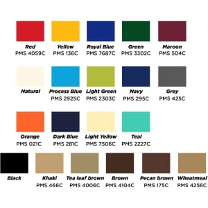 A colour palette featuring various shades including Red, Yellow, Royal Blue, Green, and Maroon, with fabric swatches.