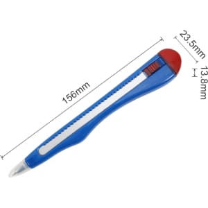 A blue and red pen designed in the shape of a knife, featuring a clip and rubber grip. It has a logo on the side.