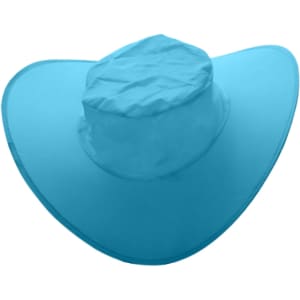 A foldable cowboy hat in bright blue with a round top and wide brim, featuring a pouch for storage.