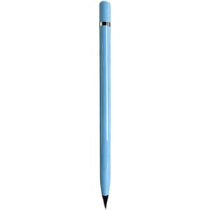 A blue pencil with a sleek design and a silver band near the top. It has a logo on it.