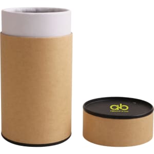 A large kraft paper cylinder with a black lid, featuring a logo on the lid. The cylinder is unsealed and brown.