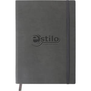 A dark grey PU cover notebook with an elastic band and a logo on the front.
