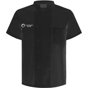 A black short-sleeved double-breasted chef jacket with a pocket and a logo on the front.