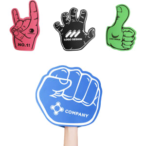Four foam mitts in various colours: pink rock sign, black hand, green thumbs up, and blue fist, each featuring a logo.