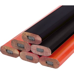 A set of grey-lead pencils in various shades of black and orange, featuring hexagonal wooden casings and a logo.