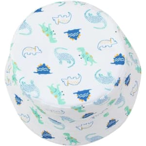 A white bucket hat featuring playful dinosaur and wave patterns in blue and green hues. It has a logo on the side.