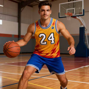 A sleeveless sport jersey in red, yellow, and blue, featuring a logo and worn by a male model on a basketball court.