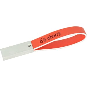 A red leather strap flash drive with a silver metallic end and a branding logo on the strap.