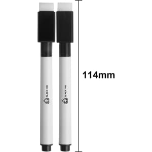 Two magnetic whiteboard markers with a black cap and white barrel, each measuring 114mm in length.