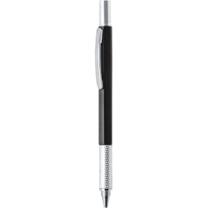 A metal pen with a black and silver design, featuring a textured grip and clip, with a branding logo.